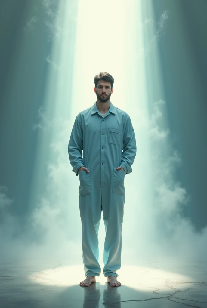 A white Caucasian man with short black hair. Without beard.barefoot. stopped. Wearing a light blue nurse-style overall. Long sleeve In a spiritual environment , with a ray of light. On the move but in a relaxed attitude. standing. slight smile. Without beard. Take out the beard