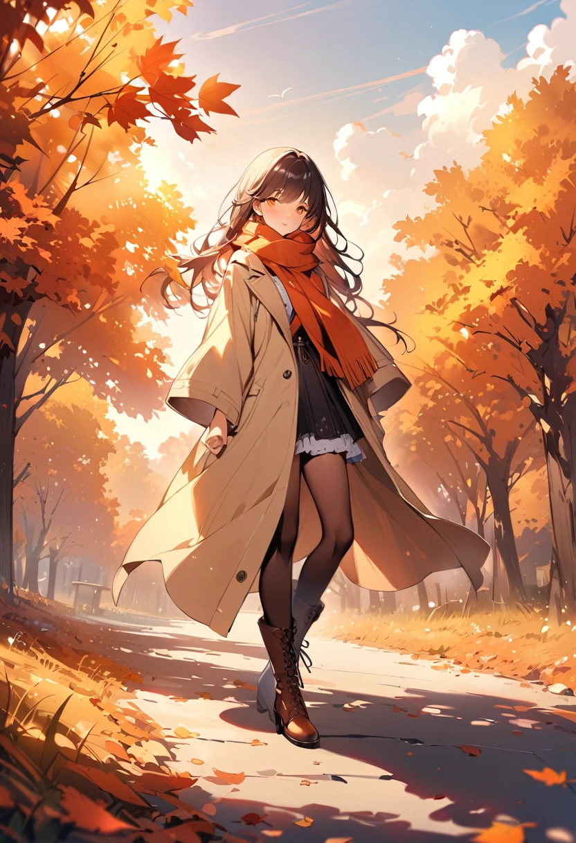 Highest quality、High resolution、Detailed Background、(Beautiful face in every detail:1.4)、20 year old beauty、Perfect body line、
As the cool autumn breeze blows、Pretty woman、紅葉したwood々Standing against the backdrop of、
A soft mid-calf dress、Wearing a beige coat、Boots on your feet、A scarf is wrapped around the neck.、wood々I am looking at the scenery dyed red and yellow.、The woman&#39;s expression is calm and gentle.、It seems to blend into the autumn nature.、As the sunlight shines softly、Women seem to be enjoying the tranquil atmosphere that is unique to this season to their heart&#39;s content.、
There、A woman feeling the comfortable arrival of autumn、An elegant and delicate appearance emerges.、very beautiful