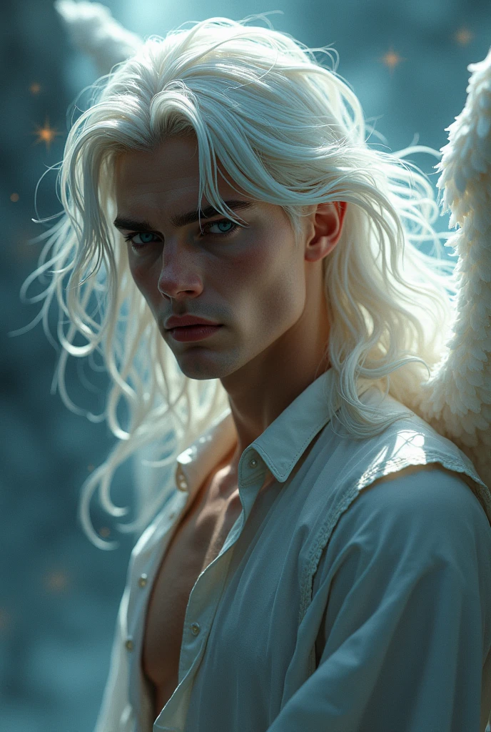 Close up, white angel wing, mature male, muscular, naked, veins, anthropomorphic, detailed body, Best quality, masterpiece, ultra high res, detailed background, realistic, real shadow and light, depth of field, (looking at viewer), feather, halo, white long hair, at sanctuary.