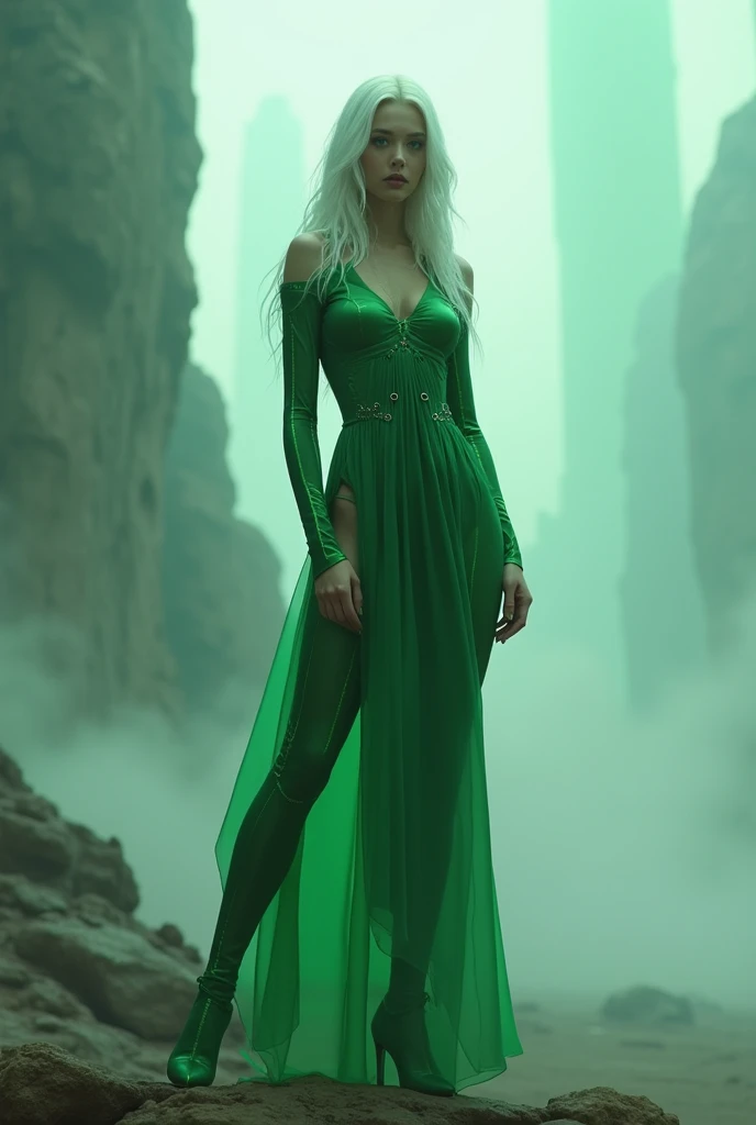 A woman with long white hair,she will be standing still wearing sexy and futuristic green clothes,I want the whole image blurred