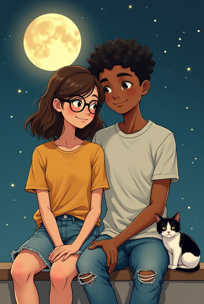 The characters in the cartoon have an intimate and peaceful connection, transmitted by relaxed posture and body expressions. The girl, with light skin, brown hair and glasses, wears a yellow casual outfit, while the boy, dark skinned and short hair, and curly,wears a light-colored t-shirt and ripped jeans with clothes that reflect a relaxed attitude.
them under the stars and the full moon, with a black and white kitten on the side sketch