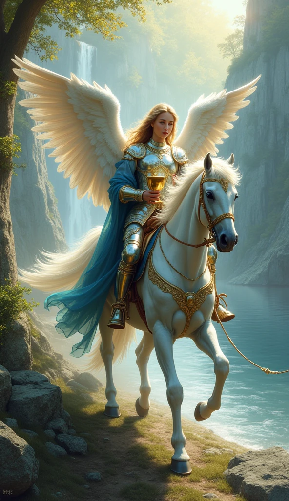 Create an evocative scene for the "Warrior of Chalices" card, inspired by the Rider-Waite Knight of Cups, with an angelic theme. Depict a noble and determined angelic figure mounted on a radiant white horse, the horse adorned with elegant, flowing drapery. The angel, dressed in shimmering silver and blue armor, holds a golden chalice close to their heart, representing a quest for emotional truth and integrity. The angel's wings are partially spread, glowing with a soft, ethereal light. The horse moves gracefully across a peaceful, lush landscape with a gently flowing river in the background, symbolizing the flow of emotions. The overall atmosphere should convey a sense of romanticism, idealism, and the pursuit of noble causes, perfectly aligned with the Lumen Angelis tarot deck.