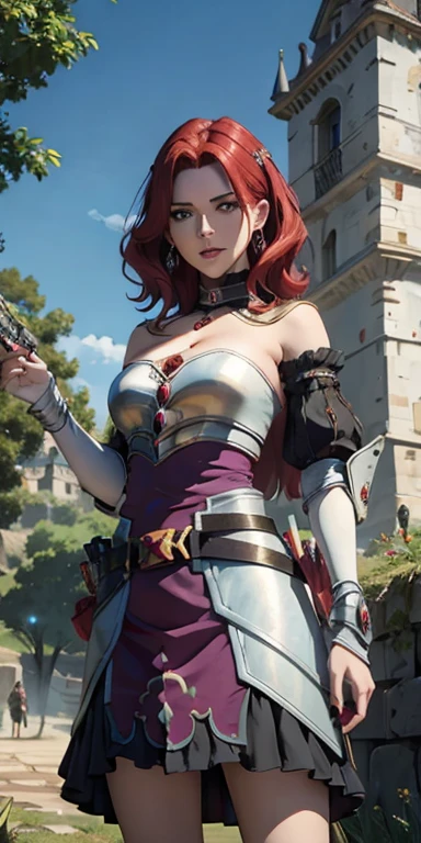 (masterpiece, Best Quality:1.4), looking at the viewer, cowboy shot, affected smile, malty melromarc, Red hair, by the wide, green eyes, exposed cleavage, big breasts, big breasts, hair ornament, earrings, Jewelry, armor, armored dress, dress, separate sleeves, breastplate, purple skirt, belt, outdoor, grass, castillo, microdress, bodycon, eyeslashes, cleavage, navel, corruption, (o-ring), choker, Jewelry, earrings, necklace, holDing a gun, holDing, handgun, big breasts, huge breasts, masiv breasts, enormous breasts, nipples