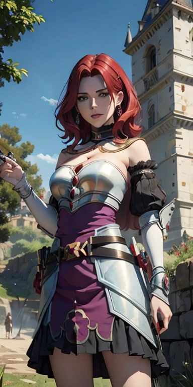 (masterpiece, Best Quality:1.4), looking at the viewer, cowboy shot, affected smile, malty melromarc, Red hair, by the wide, green eyes, exposed cleavage, big breasts, big breasts, hair ornament, earrings, Jewelry, armor, armored dress, dress, separate sleeves, breastplate, purple skirt, belt, outdoor, grass, castillo, microdress, bodycon, eyeslashes, cleavage, navel, corruption, (o-ring), choker, Jewelry, earrings, necklace, holDing a gun, holDing, handgun, big breasts, huge breasts, masiv breasts, enormous breasts, nipples