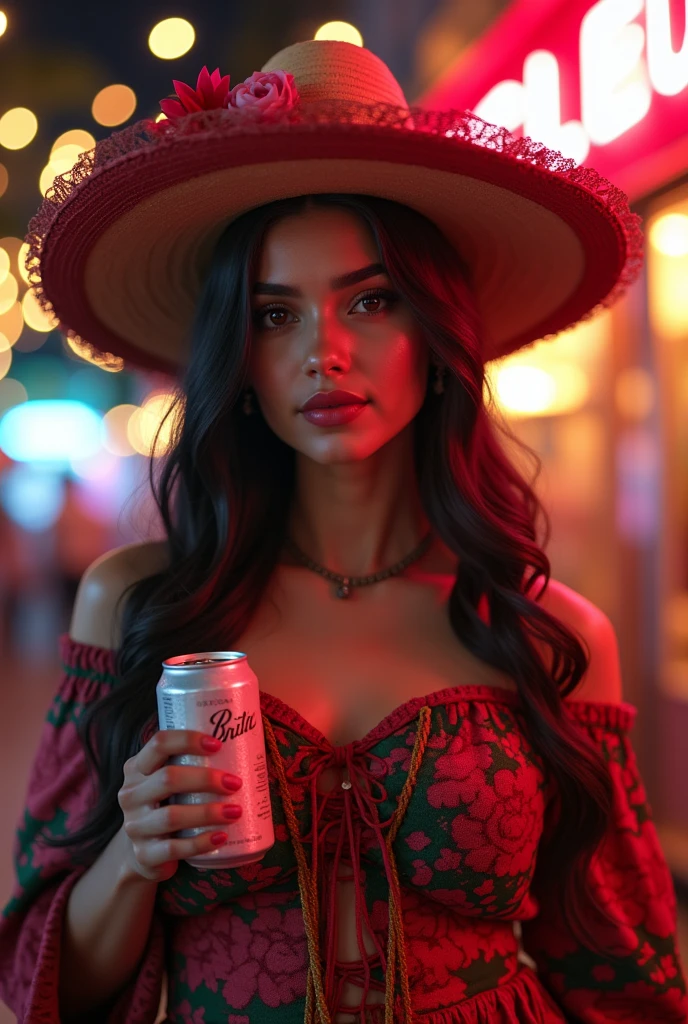 (ultra realistic,32K, masterpiece:1.2),(very detailed skin:1.1),( high quality:1.1), 1 Latin American girl, Typical Antioquian costume, Beer can in your hand which should be clearly visible, neckline,(looking at the viewer, standing:1.1),(neon light with soft shadow:1.1), flower fair theme, blurred background,