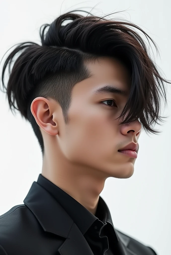 Men's Long fringes hairstyle, facing to the right, short sides, only the head visible.