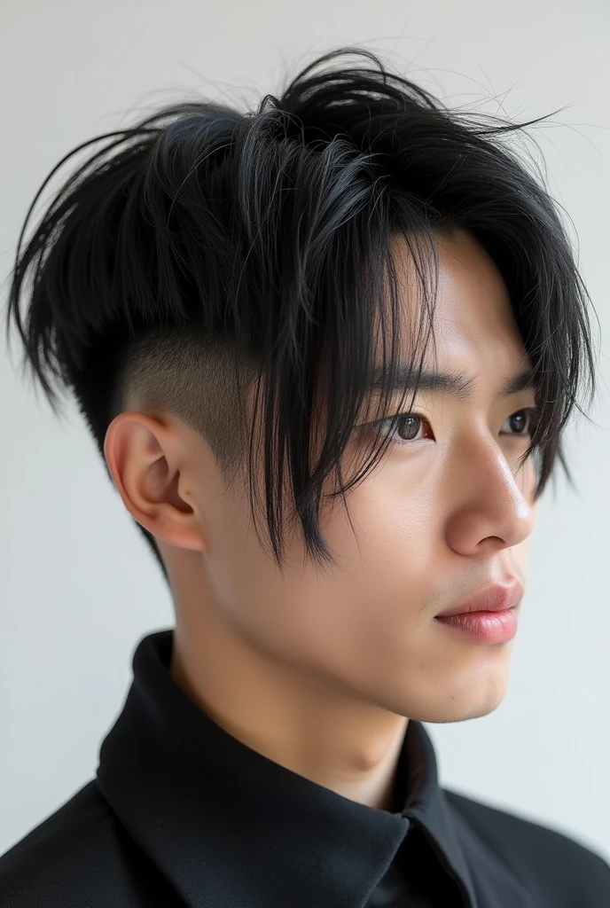 Men&#39;s Long fringes hairstyle, facing to the right, short sides, only the head visible.