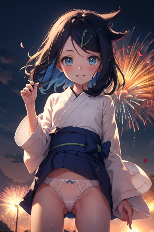  nsfw, (masterpiece, Highest quality, 8K ultra-high resolution:1.4), 14yo, kawaii, nsfw, Pokemon Riko, Down blouse, Cute Bra, White panties, (Navy blue frilly yukata, Frilled underwear, night: 1.4), (Summer festival), ((turn around)), Beautiful Eyes,Flash photography, Backlight,  ((Spread your legs)), (The best smile:1.4), (Show your palm to the camera), (Beckon), Written boundary depth, Dramatic portrayal, (Colorful fireworks background), Focus of the film, , Emotional composition, Emotional engine full throttle BREAK Young and cute, Slender body, Flat Chest, Highly detailed glossy skin,Sweat,  完璧なPokemon Riko
, Wind, detailed in the Wind, petals dancing in the Wind
BREAK
ultra detailed crystal eyes, Eyes like shining jewels