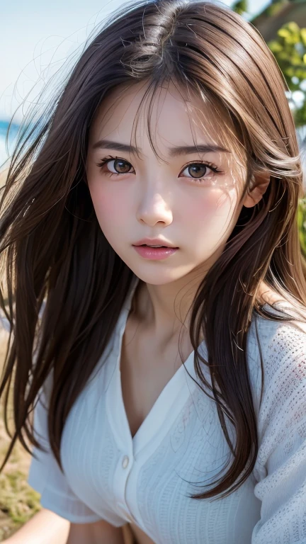 (Perfect Anatomy:1.2)(Absurd, High resolution, Super detailed),masterpiece,Highest quality,High resolution,8k,Realistic Face,Realistic skin texture,Expanded Texture, ,Amazing clarity,high school girl,Cowboy Shot,View the viewer、blush、Angle from below、Background is sky、((Looking down at the ground from above))、Hair blowing in the wind，amount、looking at the camera、sheer、Low - Angle、