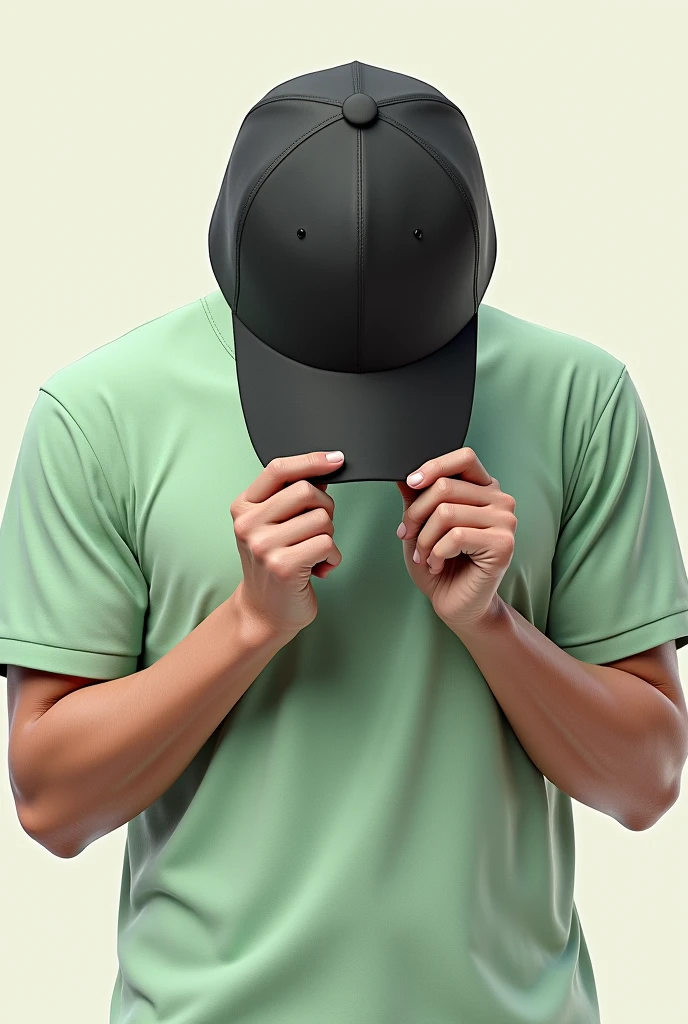 Create a 3D drawing, of a person wearing a light green shirt, holding a black cap without a pattern, showing only the cap, the hands and the bust, from the shoulder down 

