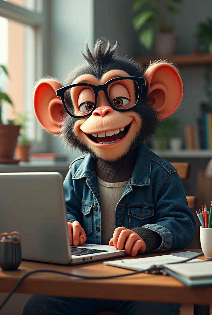 A monkey in jeans, in your office, with glasses working on a laptop, on the table there are cables and a cell phone charger along with some geeky accessories packed, happy, Laught , Ambitious,