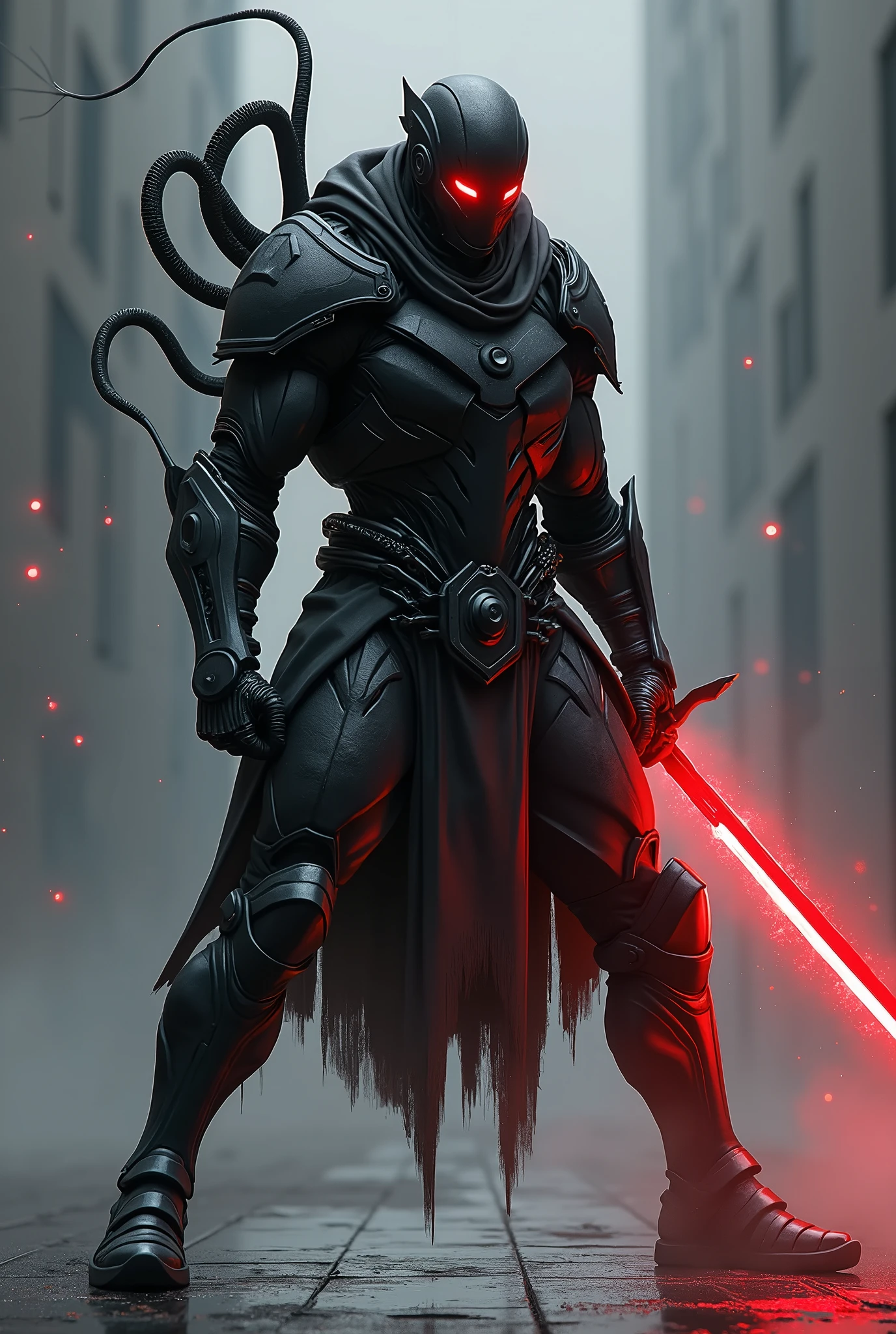 A futuristic cyber warrior in an aggressive stance, prepared for battle. The character is in a low position, with legs extended and firmly planted, while holding a black katana with a red aura that emits an intense and fiery glow. The warrior wears black, sturdy armor., with angular and sharp details, and multiple metallic cables or tentacles extending from its back. The helmet is dark and completely covers the face., showing only three bright red heartbeat-shaped lines running horizontally across the visor, adding an intimidating and technological air. The background is minimalist, with a greyish tone, and small red sparks or particles floating in the air, complementing the dark and dynamic atmosphere of the scene. The style of the image is dark and dystopian, with a focus on contrasts of light and shadow, highlighting the red details against the predominant black and grey.
