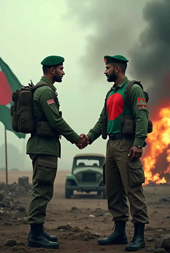 Bangladeshi guy giving each other handshake on a battlefield and their flag is printed on their tshirt,a car is burning in the background, bangladeshi and pakistani flag in the background, 4k, realistic, photorealism