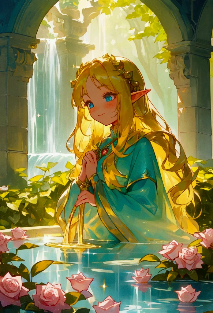 (nsfw 1.1), ((1girl)), ((masterpiece)), realistic, ((highly detailed:1.3)), beautiful elf princess bathing in a marble tub, ((very long blonde hair)), wet hair, wearing a sheer bathrobe, clothed bathing, ivorygoldai, royal palace bathroom setting, steam, ornate marble tub, (rose petals floating in water:1.3), early morning light, windows, crepuscular lighting, dynamic pose, dynamic angle,