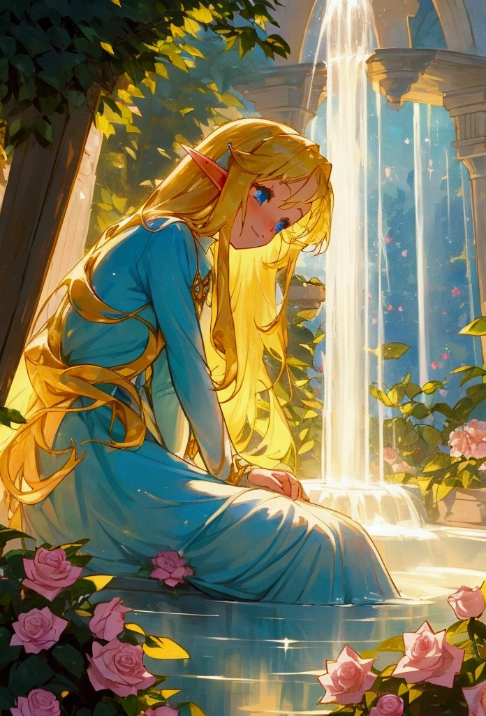 A young girl named Clara, with long flowing hair, finds herself in a magical garden filled with vibrant roses. She gazes in wonder at a sparkling fountain, where a mystical little elf with a gentle smile appears before her, promising to fulfill her dreams. The scene is bathed in a warm golden light, with an ethereal glow surrounding the fountain and the elf.