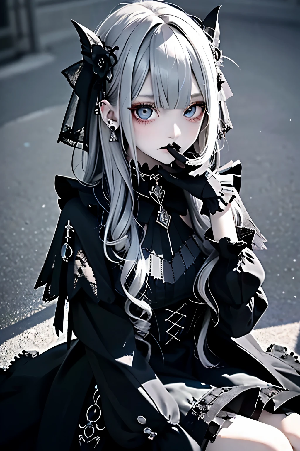 best,Super masterpiece, hight resolution, top-quality, nffsw, super detailing, awardwinning, K,(The upper part of the body),A beautiful maiden, Grey Hair,Strands of hair,((Iris heterochromic pupil)),Hanging eye corners,Fair skin,(Small chest),(Slim body),((Gothic style clothing)),(neck rings),(Gloves as short as half a palm)