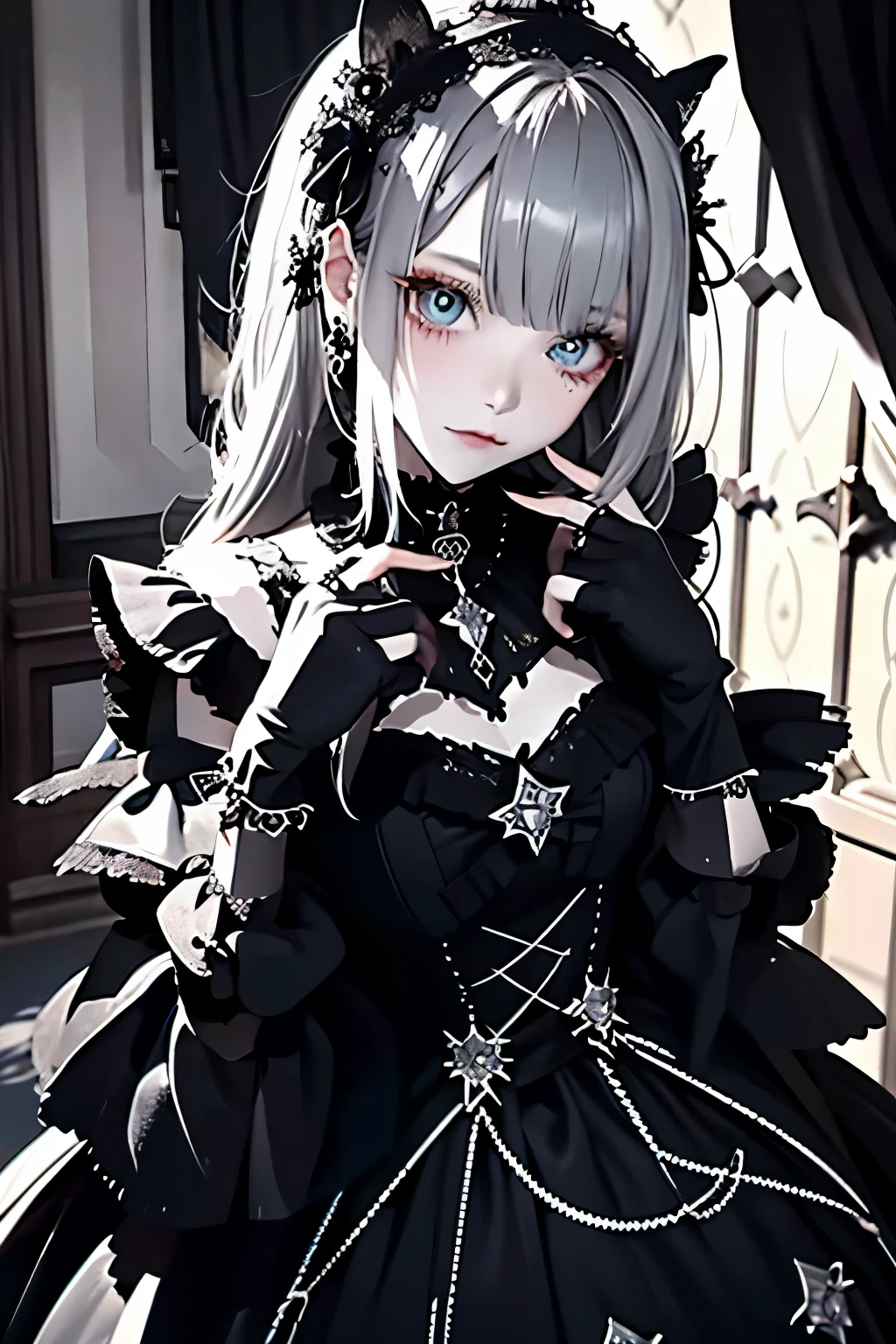 best，Super masterpiece， hight resolution， top-quality， nffsw， super detailing， awardwinning， 16 K，（The upper part of the body），A beautiful maiden， Grey Hair，Strands of hair，（（Iris heterochromic pupil）），Hanging eye corners，Fair skin，（Small chest），（Slim body），（（Gothic style clothing）），（neck rings），（Gloves as short as half a palm）