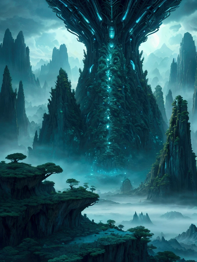 a mythical planet, detailed landscape of an alien world, massive towering mountains, dense lush forests, glowing bioluminescent plants, floating islands, crystalline lakes, dramatic lighting, epic cinematic composition, intricate mechanical structures, advanced alien architecture, hyper-detailed textures, rich vibrant colors, masterpiece, 8k, photorealistic