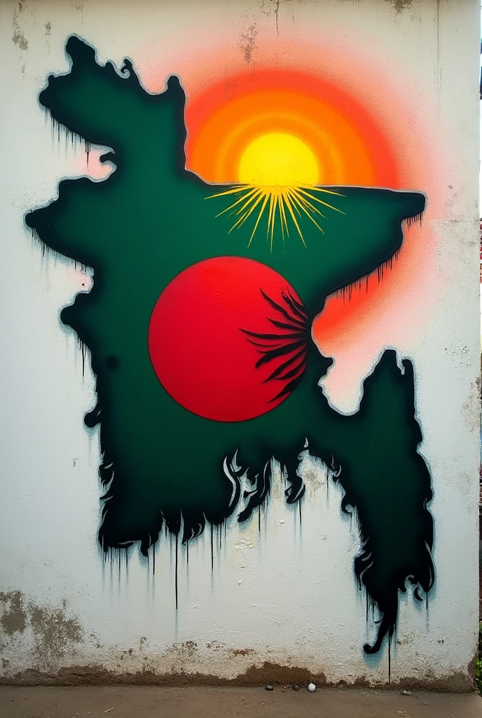Wall graffiti with bangladesh map and a sun is rising behind from it and also inside the map there will be the bangladeshi flag full covering the map