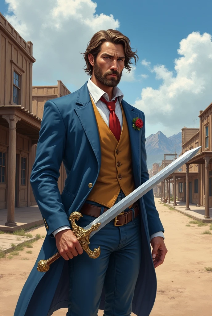 He is a man standing at 1.15 meters tall with a normal build. He has medium-length brown hair and he has a beard that its only in the sides and a mustache. He is very well-dressed in a blue suit with a red tie. He carries the legendary sword Excalibur and has a magnificent and especially calming presence. The character should be styled in a fantasy RPG art style and set in the Old West.