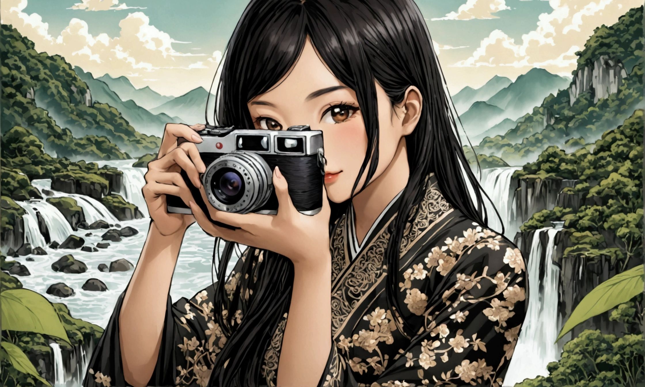 Black haired asian woman taking photo with camera 
