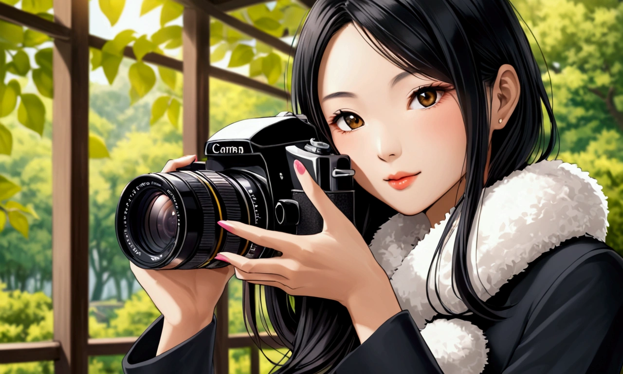 Black haired asian woman taking photo with camera