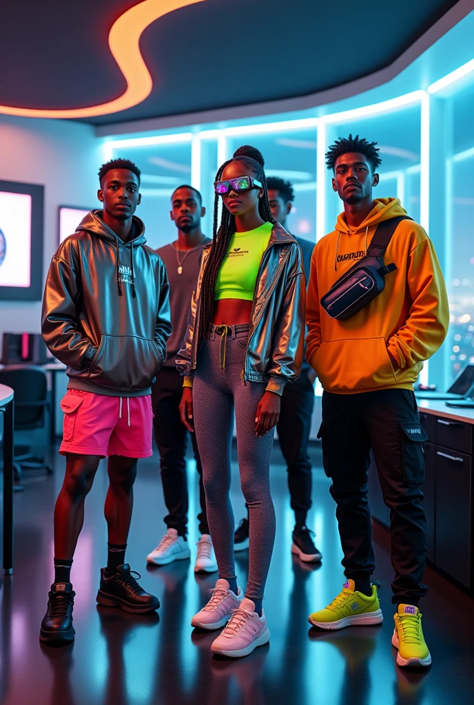 [Subject: Luxury Digital Nomads in Futuristic Fashion] A high-resolution, cinematic image featuring a diverse group of young adult digital nomads in luxurious, high-tech outfits, set in an ultra-modern, futuristic co-working space.

**Character 1**: Oversized, high-end graphic hoodie with digital prints, neon pink biker shorts, designer platform sneakers, and a holographic crossbody bag. Wears a sleek VR headset as a headband.

**Character 2**: Metallic tailored bomber jacket over a premium neon green tech shirt, paired with high-end joggers and reflective sneakers. Augmented reality glasses worn as a stylish accessory.

**Character 3**: Cropped luxury digital-patterned hoodie with neon blue leggings, exclusive chunky sneakers, and a reflective designer fanny pack. Sophisticated braids with neon accents.

**Character 4**: High-tech reflective jacket over a neon orange luxury shirt, black biker shorts with glowing seams, and designer tech sneakers. Wears a luxury digital smartwatch.

**Character 5**: Neon yellow hoodie with advanced digital graphics, tailored tech-wear cargo pants, and premium holographic sneakers. VR headset around his neck.

The group is in an opulent co-working space with sleek desks, digital screens, and a neon-lit cityscape view, embodying a luxurious, futuristic atmosphere.

[Lighting: Ambient neon glow from screens and cityscape] [Camera: Group shot capturing the digital nomads in their luxurious workspace] [Resolution: 8k, hyper-realistic] [Style: Cyberpunk luxury, futuristic fashion, cinematic] [Inspiration: Cyberpunk 2077, Luxury Real Estate].
