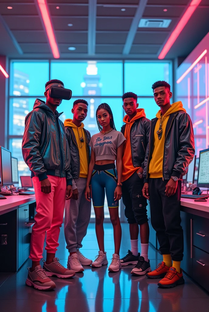 [Subject: Luxury Digital Nomads in Futuristic Fashion] A high-resolution, cinematic image featuring a diverse group of young adult digital nomads in luxurious, high-tech outfits, set in an ultra-modern, futuristic co-working space.

**Character 1**: Oversized, high-end graphic hoodie with digital prints, neon pink biker shorts, designer platform sneakers, and a holographic crossbody bag. Wears a sleek VR headset as a headband.

**Character 2**: Metallic tailored bomber jacket over a premium neon green tech shirt, paired with high-end joggers and reflective sneakers. Augmented reality glasses worn as a stylish accessory.

**Character 3**: Cropped luxury digital-patterned hoodie with neon blue leggings, exclusive chunky sneakers, and a reflective designer fanny pack. Sophisticated braids with neon accents.

**Character 4**: High-tech reflective jacket over a neon orange luxury shirt, black biker shorts with glowing seams, and designer tech sneakers. Wears a luxury digital smartwatch.

**Character 5**: Neon yellow hoodie with advanced digital graphics, tailored tech-wear cargo pants, and premium holographic sneakers. VR headset around his neck.

The group is in an opulent co-working space with sleek desks, digital screens, and a neon-lit cityscape view, embodying a luxurious, futuristic atmosphere.

[Lighting: Ambient neon glow from screens and cityscape] [Camera: Group shot capturing the digital nomads in their luxurious workspace] [Resolution: 8k, hyper-realistic] [Style: Cyberpunk luxury, futuristic fashion, cinematic] [Inspiration: Cyberpunk 2077, Luxury Real Estate].
