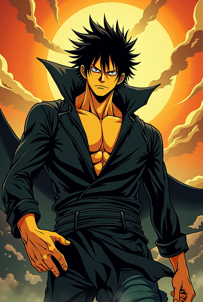 a human man in the style of one piece, Bblack hair, you look yellow, and black clothes