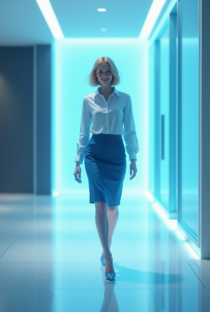 (photorealism:1.2), beautiful woman, swedish, blonde, smiling,, assistant, pencil skirt, 18yo, corporate lobby, white floor and ceiling, blue lighting, hologram, projection, floating above ground, walking away from camera, looking at camera, short hair, transparent girl