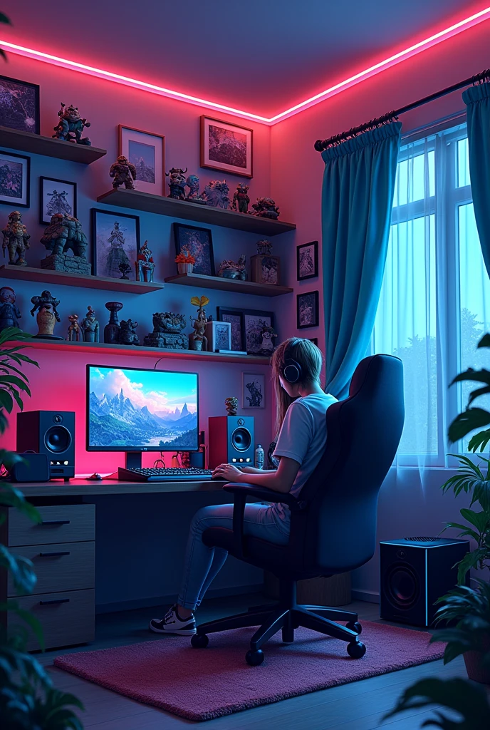 An illustration of a modern video gamer's room. There are shelves on the wall showing various pieces of gaming memorabilia, including collectibles from diverse popular games. A high-quality surround sound system is installed, providing an immersive gaming experience. The room's lighting is dim, adding to the ambiance, with additional lights available through a voice-activated light strip surrounding the room.
