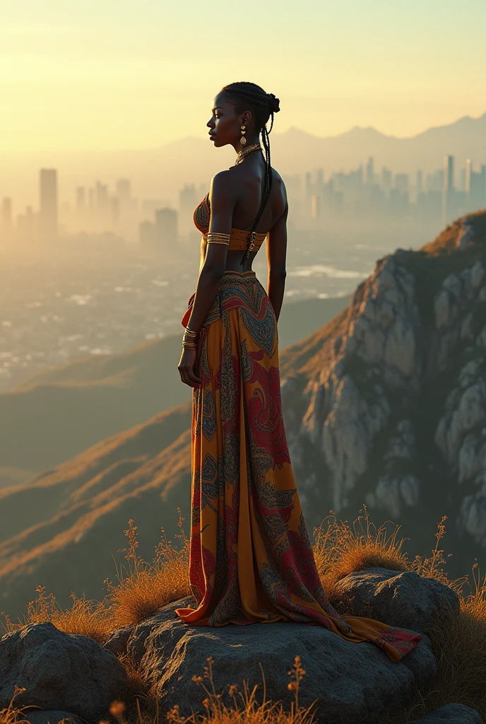 African woman on top of a mountain, beautiful landscape with a city in the background