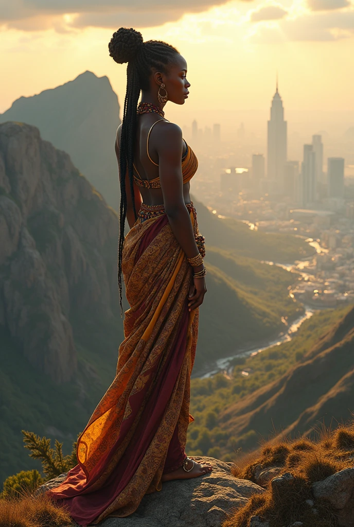 African woman on top of a mountain, beautiful landscape with a city in the background