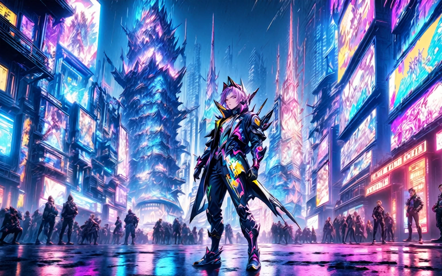 anime style screenshot of a man in a futuristic city, Cyberpunk art inspired by Sebastian Vrancx, Trends in CG society, neo-dada, cyber universe style, tower of fantasy setting, en tower of fantasy 2077, Hyper Ultra detailed, 8k Character Details, hero pose colorful city lighting, cybernetically armored dress, New Character, neon punk