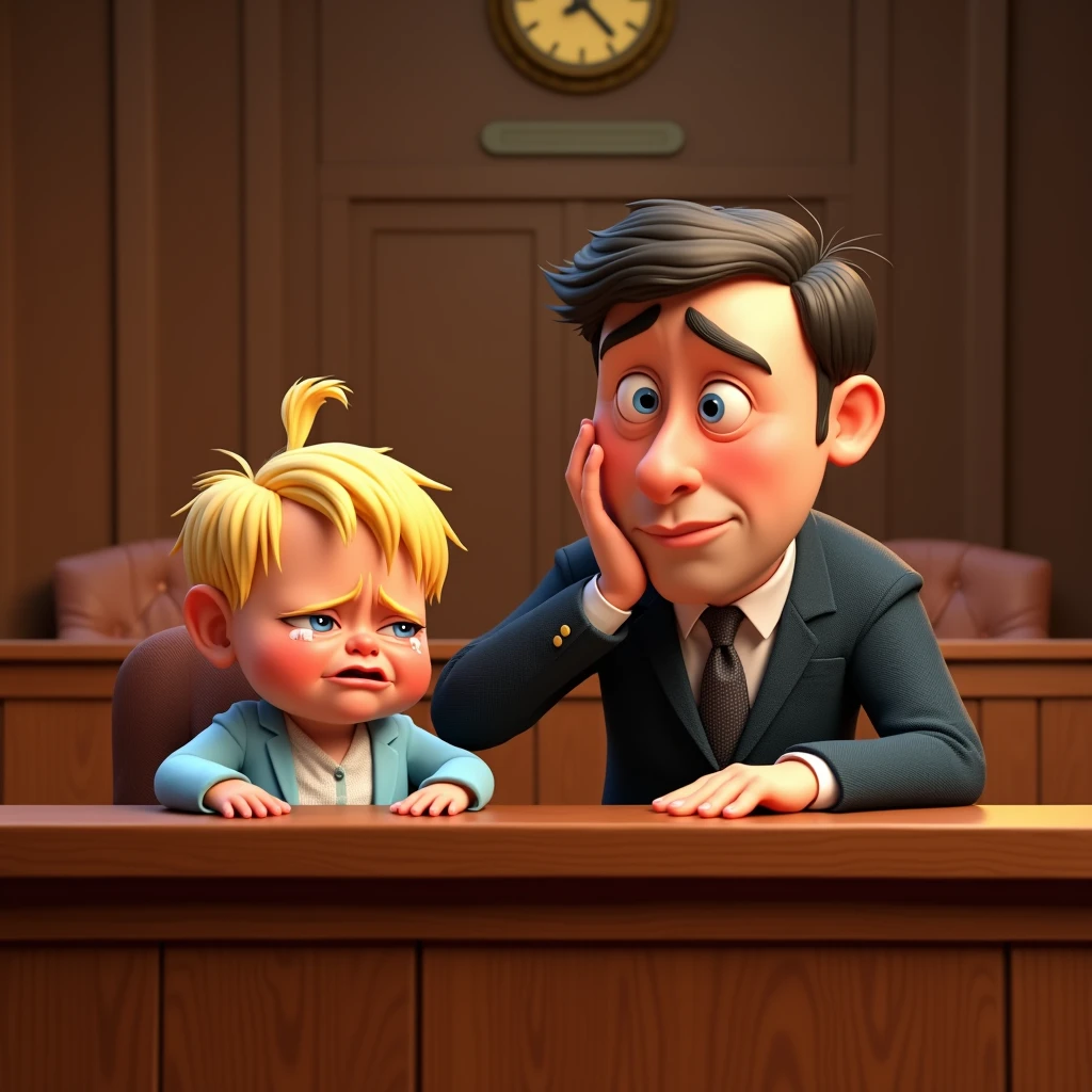 Im Stil von Pixar 3D- The animated film, Caricature. A baby with blond hair sits in the dock in court and cries tears. A lawyer sits next to the baby and holds his hand in front of his face (facepalm).