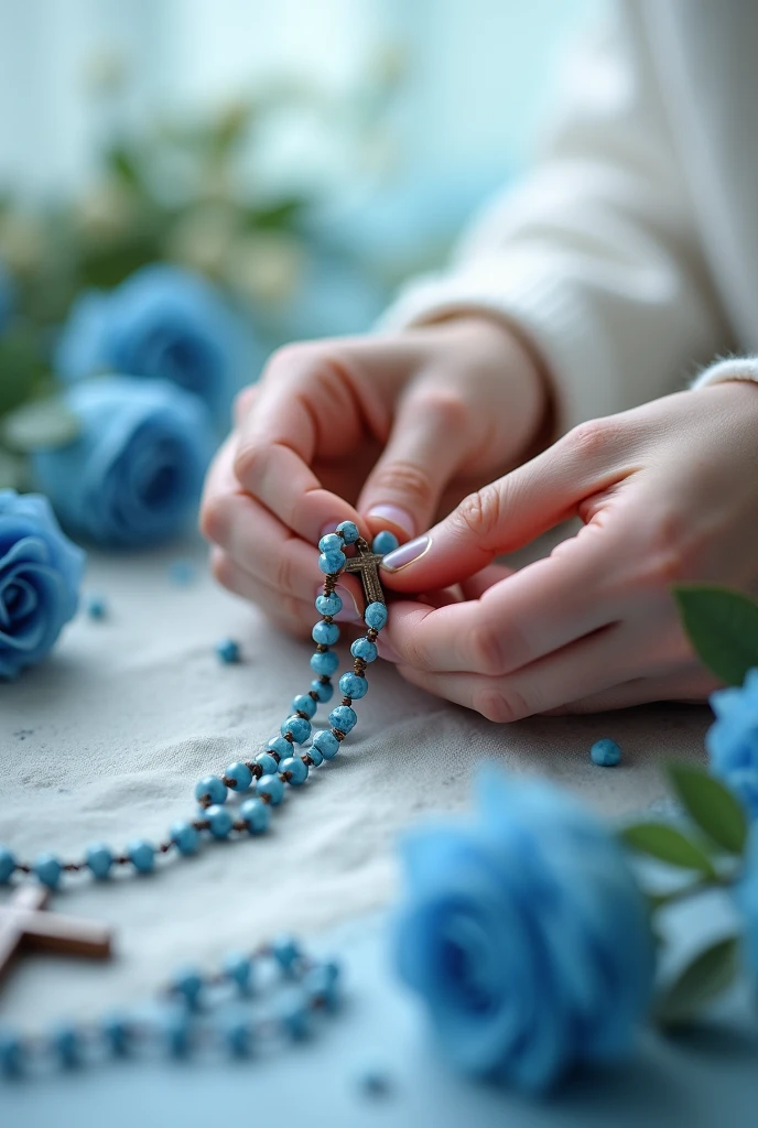 hands making a handmade rosary. Use soft, light color palettes to maintain a sense of tranquility and purity..  Incorporate symbols such as the cross, rosary beads and blue roses in a subtle way to reinforce the Marian theme. Keep the design simple and elegant to ensure it is memorable..

