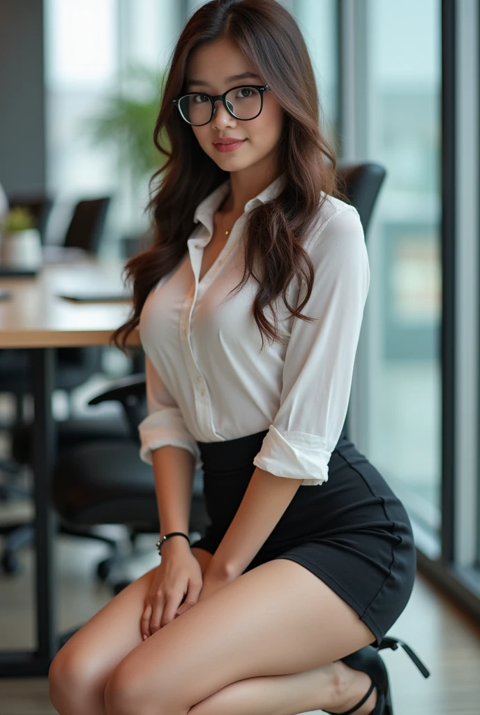 Young Asian Girl, sexy secretary,big breasts, big butt,Glasses,blue eyes,On knees,mini skirt,High heels
