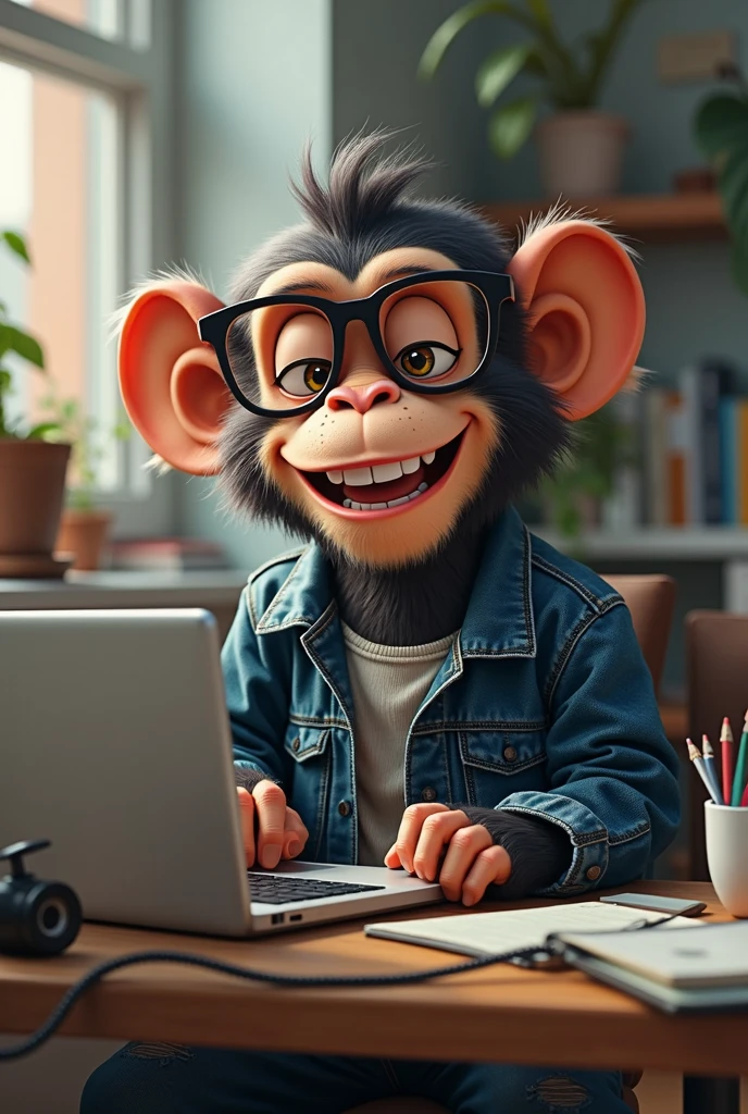 A monkey in jeans, in your office, with glasses working on a laptop, on the table there are cables and a cell phone charger along with some geeky accessories packed, happy, Laught , Ambitious,