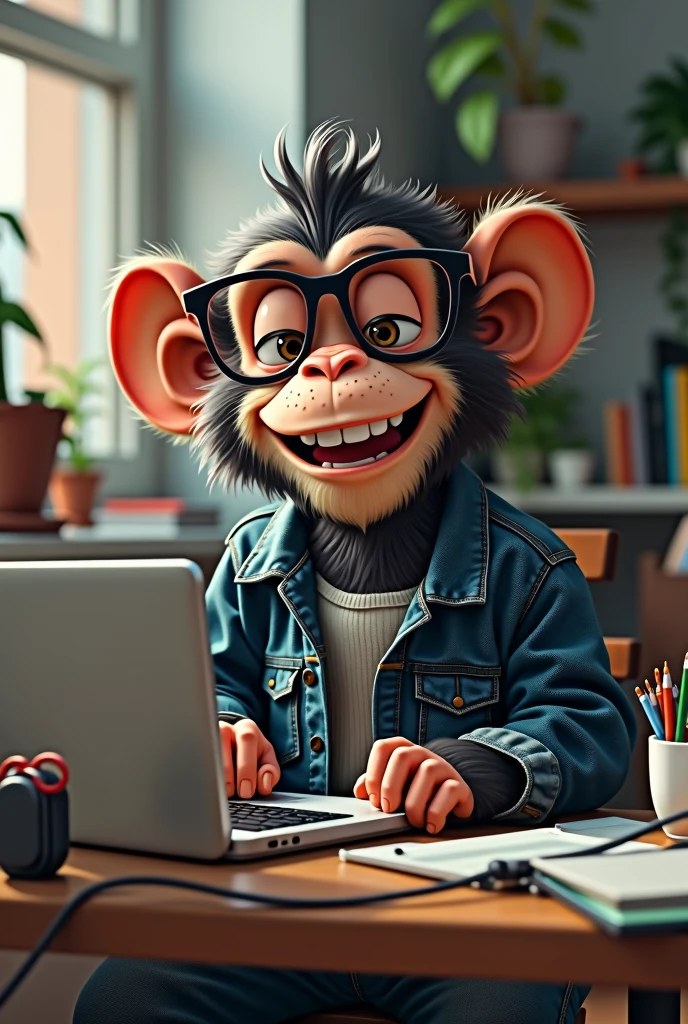 A ey in jeans, in your office, with glasses working on a laptop, on the table there are cables and a cell phone charger along with some geeky accessories packed, happy, Laught , Ambitious,