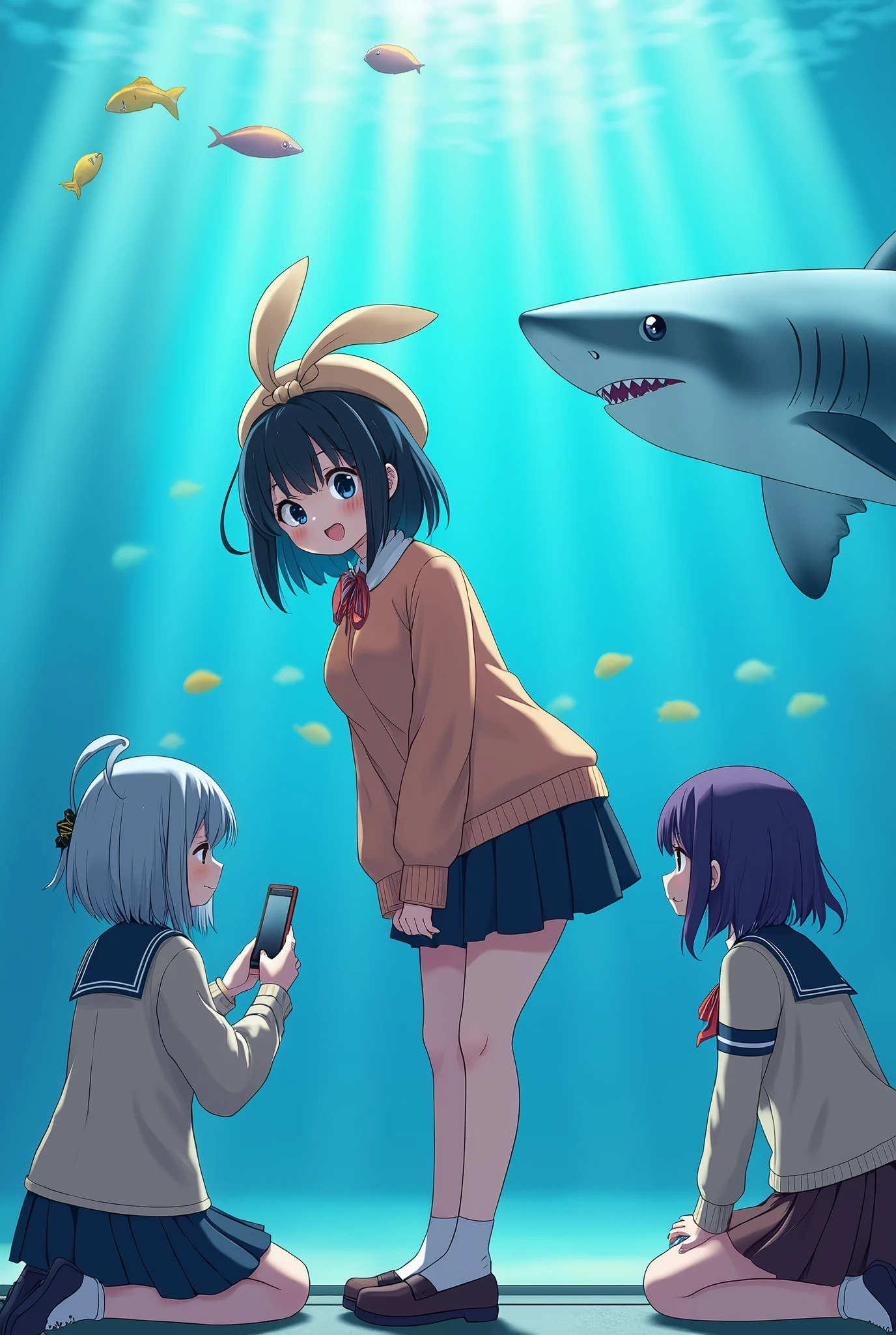 A scene in an aquarium, showing three anime-style female characters, all observing different aspects of the marine environment. The scene is illuminated with a soft, bluish light that simulates the underwater environment.. The main character in the center is a girl with short black hair, dressed in a beige beret adorned with bunny ears and a bow, along with a peach-colored sweater and a black skirt. She is leaning forward, looking excitedly through the aquarium glass, which highlights her cheerful expressions and her voluminous breasts. To the right of the image, A large shark swims near the glass, adding a touch of humor. In the background, On the left, There is another girl with silver hair and dressed in a schoolgirl uniform., who is taking photos with his phone. On the left, on the floor, A third girl is found, with dark purple hair and dressed in a light sweater and a brown skirt, watching some small fish closely. The style of the image is detailed and vibrant, with a mix of tenderness and humor.