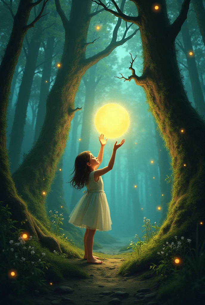 (work of art, best qualityer:1.2), girl reaching for an energy orb between tall trees in a fantasy forest full of fireflies