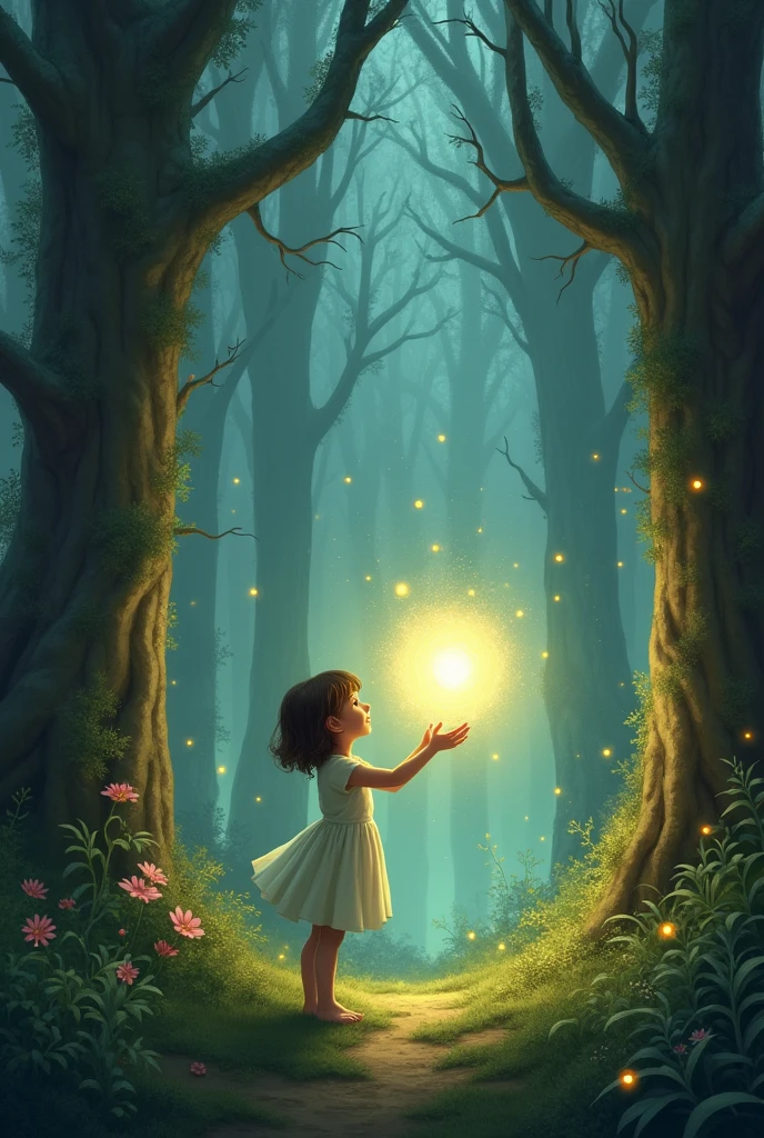 (work of art, best qualityer:1.2), girl reaching for an energy orb between tall trees in a fantasy forest full of fireflies