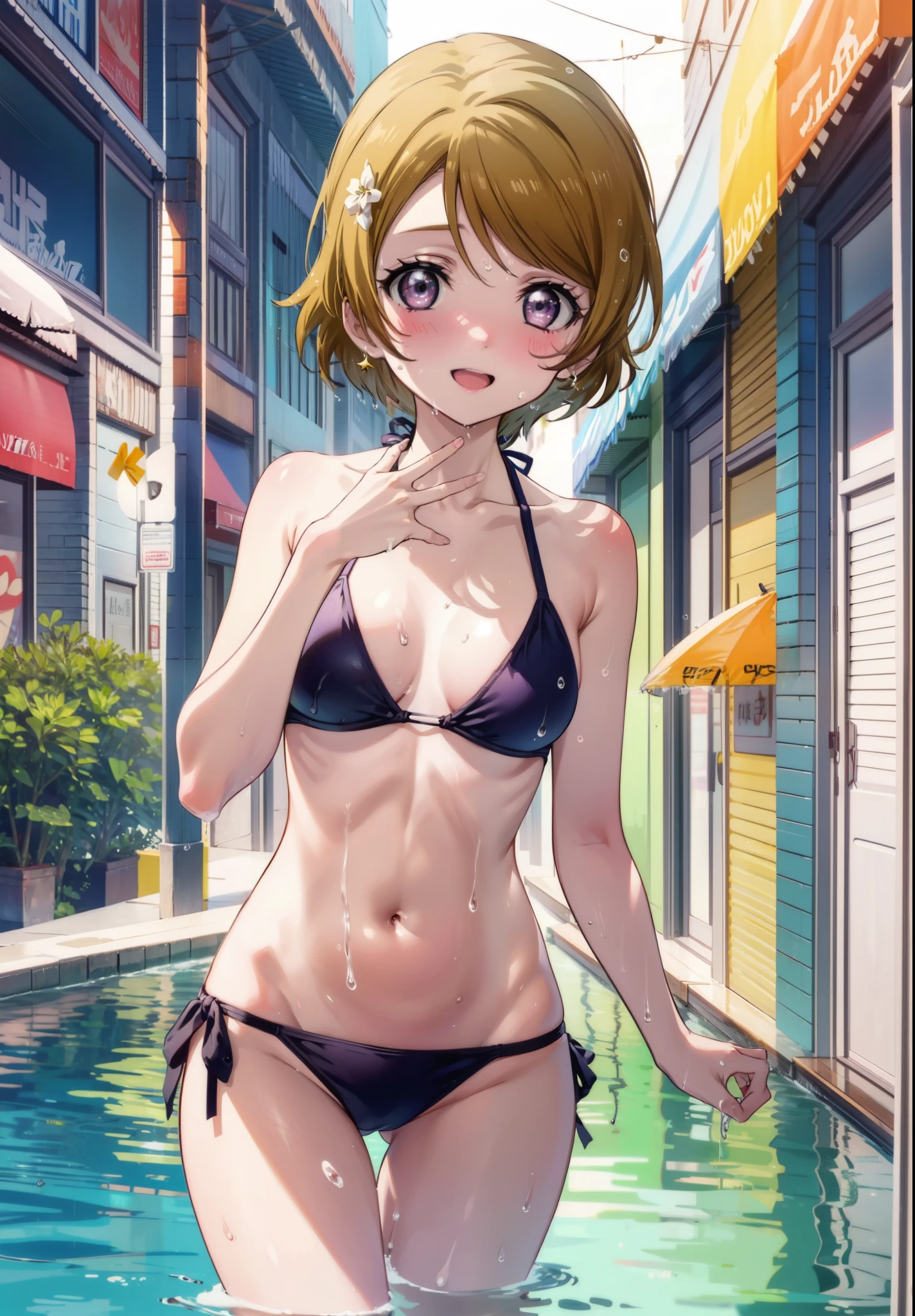 Hanayo Koizumi, hanayo　Koizumi, short hair, Brown Hair, Purple eyes,Big Breasts,smile,Open your mouth,blush,Green string bikini swimsuit,barefoot,Wet swimsuit,Wet Skin,Wet Hair,Water Play,True Summer,Daytime,Clear skies,whole bodyがイラストに入るように,　　　　　　　　　　　　　　　　　　　　break looking at viewer, whole body,(Cowboy Shot:1. 5) 　　　　　　　　　　　　　　　　　　　break outdoors,Ocean, 　　　　　　　　　　　break (masterpiece:1.2), Highest quality, High resolution, unity 8k wallpaper, (shape:0.8), (Beautiful attention to detail:1.6), Highly detailed face, Perfect lighting, Highly detailed CG, (Perfect hands, Perfect Anatomy),