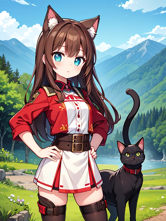 Beautiful Girl, Long lush Brown Hair, Beautiful Eyes, Natural Cat-like Ears, Rugged Outfit, adventurer gear, worn attire, determined expression, exploring a mountainous forest, Pretty sky, standing, one hand on hip,
