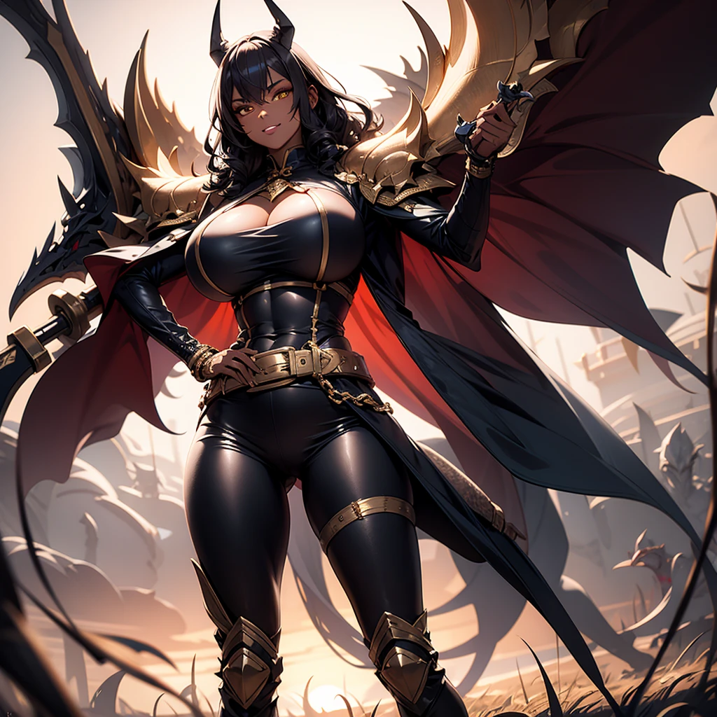 ((best quality)), (detailed), 1 women dark knight, 8k_wallpaper, extremely detailed eyes, (large masterpiece digital art), (intricate details:1.3 ), (ultra-detailed:1.3), (sharp focus:1.3), (natural lighting:1.05), (vivid colors:1.3), (best quality:1.4), expressive eyes, full body, detailed face, beautiful face, perfect face, ((hair black curls)), (gold eyes), {{dark skin}}, ({dark skinned female}), (big breasts), huge chest, big wide ass, powerful relief muscles of the abdomen and legs, powerful strong muscles of the arms, a predatory and daring look, a predatory smile with a lot of fangs, heavy steel armor of Japan and China, a wide yellow belt with chains and a large buckle, leather pants with steel shields on the hips and a skirt made of steel plates, clutching a two-handed saber in his hands, standing in the background battlefields in the middle of flower-filled fields stained with blood at sunset, medieval and dark fantasy style,