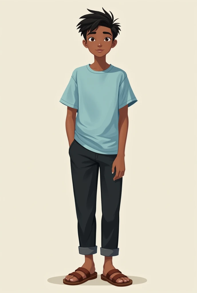 A 15-year-old ager Black pants and a light blue shirt and Brown sandals with open straps on the heel