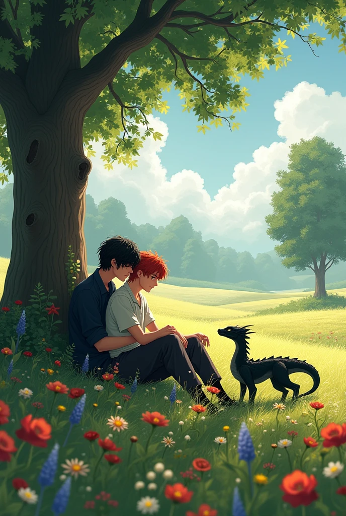  Two boys about 30 years old in an open field where there are many flowers and very beautiful trees, the black-haired boy is lying on the legs of the girl who has very red hair like fire while they stare at each other and she is sitting with her back leaning on a tree and next to them is a black dragon with its back turned
