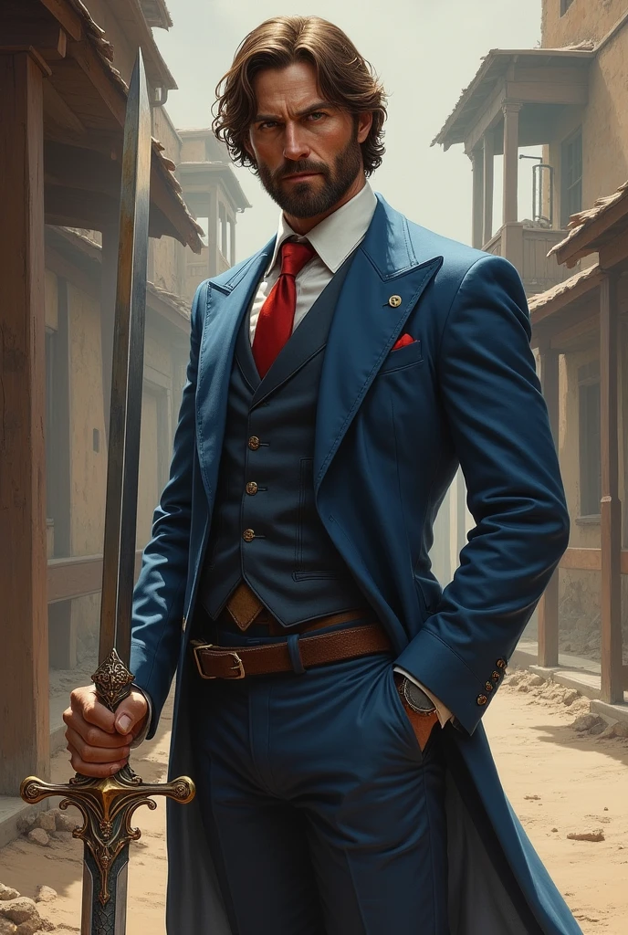 He is a man standing at 1.15 meters tall with a normal build. He has medium-length brown hair and he has a beard. He is very well-dressed in a blue suit with a red tie. He carries the legendary sword Excalibur and has a magnificent and especially calming presence. The character should be styled in a fantasy RPG art style and set in the Old West.
