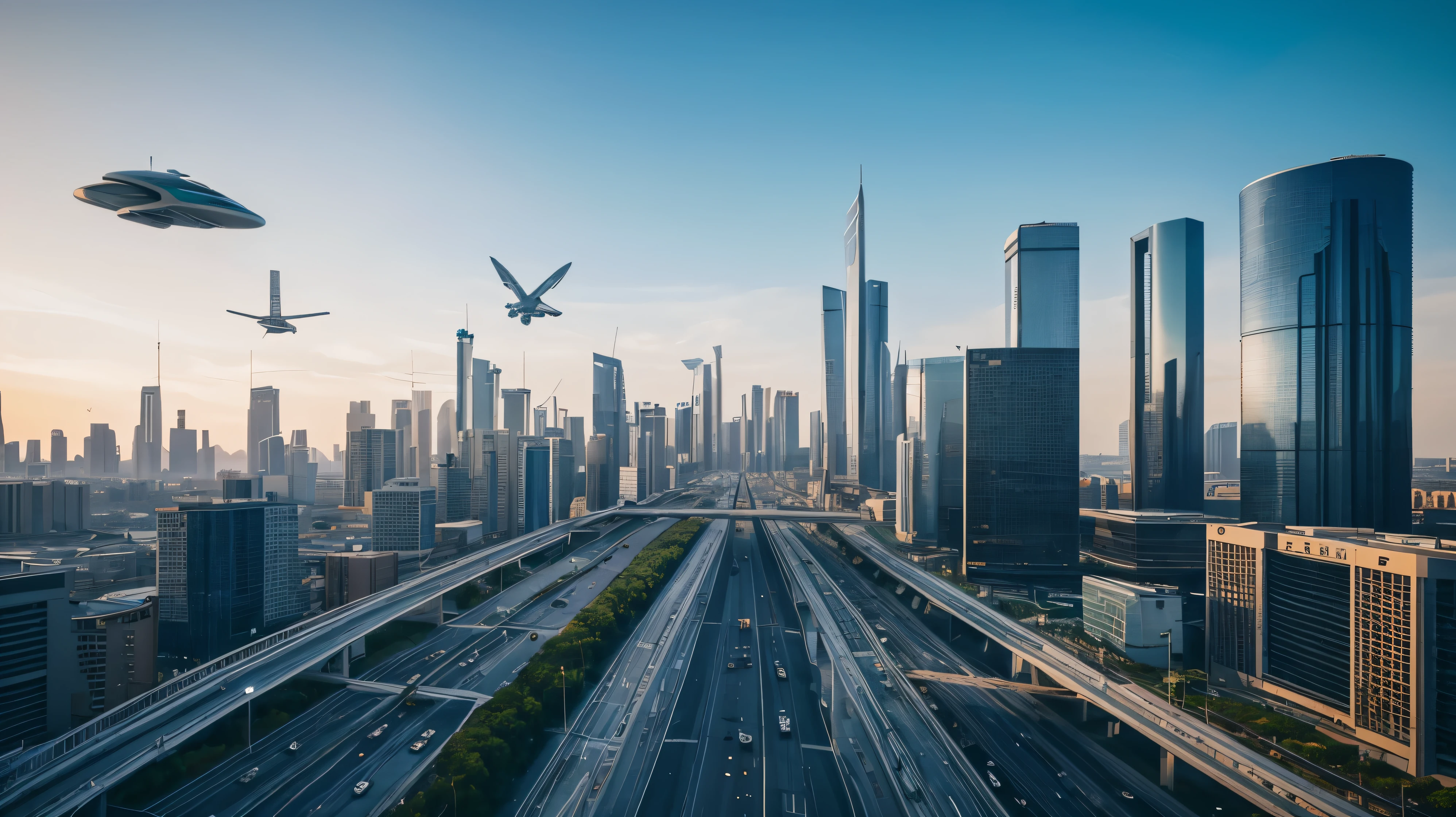 scifi, beautyful futuristic highway, flying air cars, architectual, organic skyscraper, cyberpunk, futuristic, hightech, hard-surface design, daylight, much tech, much electronic, very cozy, ambient light, realistic view, bird perspectiv, focal lengh 24mm, wide angle, year 2224
