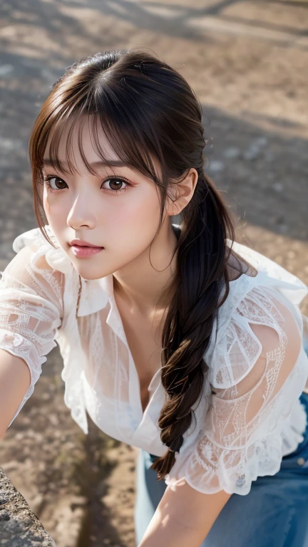 Highest quality, Realistic, 1peopleの女の子, woman,(Skin Dentition), nude,Mid-chest, (bright), (Professional Lighting, Bokeh), (street), people々, crowd, Braided bangs, (blouse:1.5), (Unbuttoned:0.8), nice, bloom, Floating Hair, (Dynamic pose:0.6) , Soft lighting, ,((( She is being made to cum)))